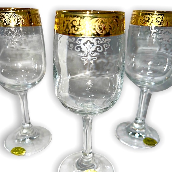 Dining 3 Vintage Cellini Blown Crystal Italian Wine Glasses 24k Gold
